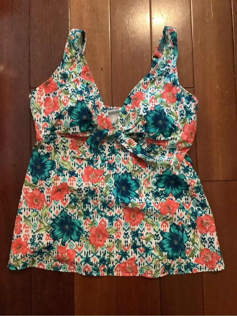Swim Solutions Floral Tie-Front One-Piece - Coral & Teal & White - Picture 1 of 2